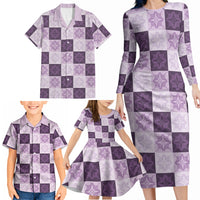 Lavender Manta Ray Hawaiian Quilt Motif Family Matching Long Sleeve Bodycon Dress and Hawaiian Shirt