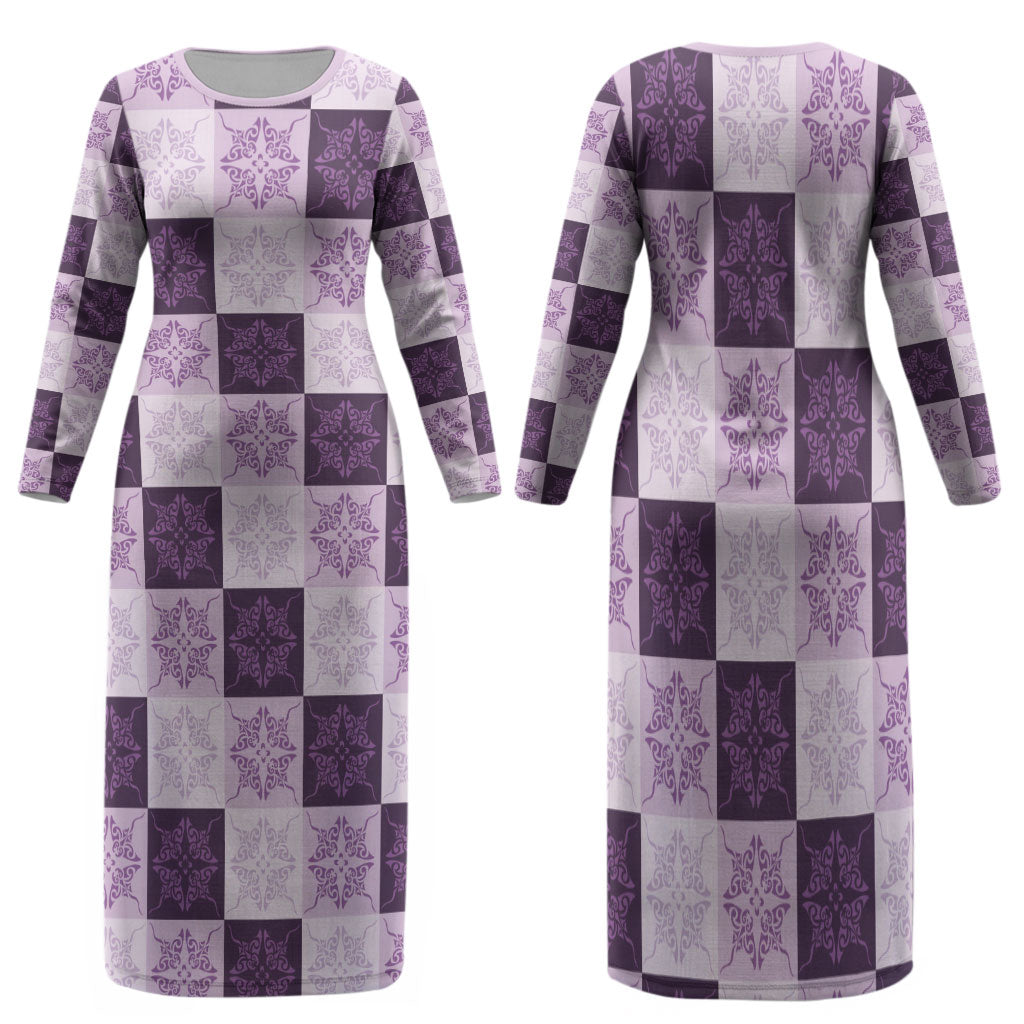 Lavender Manta Ray Hawaiian Quilt Motif Family Matching Long Sleeve Bodycon Dress and Hawaiian Shirt