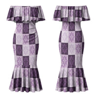 Lavender Manta Ray Hawaiian Quilt Motif Family Matching Mermaid Dress and Hawaiian Shirt