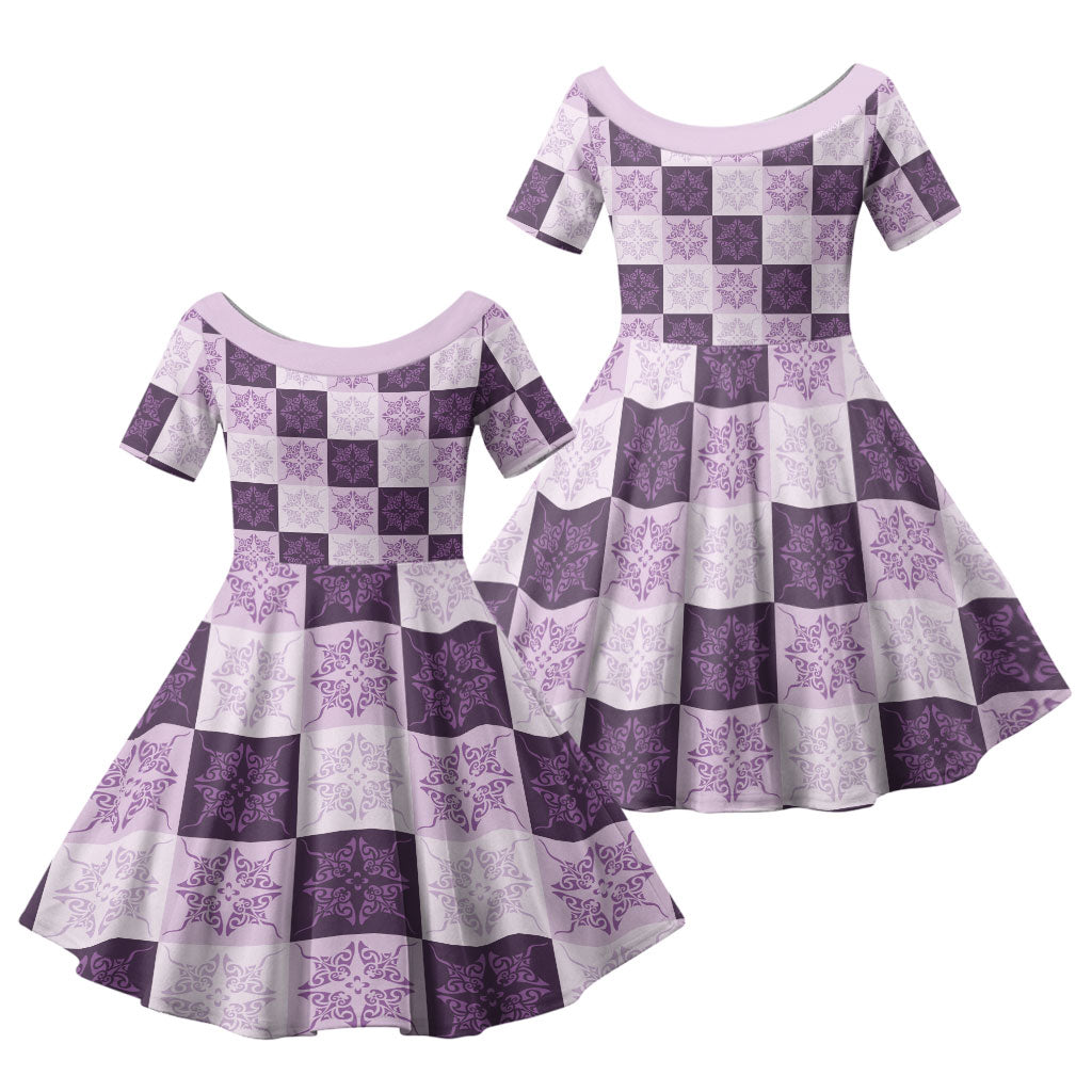 Lavender Manta Ray Hawaiian Quilt Motif Family Matching Off The Shoulder Long Sleeve Dress and Hawaiian Shirt