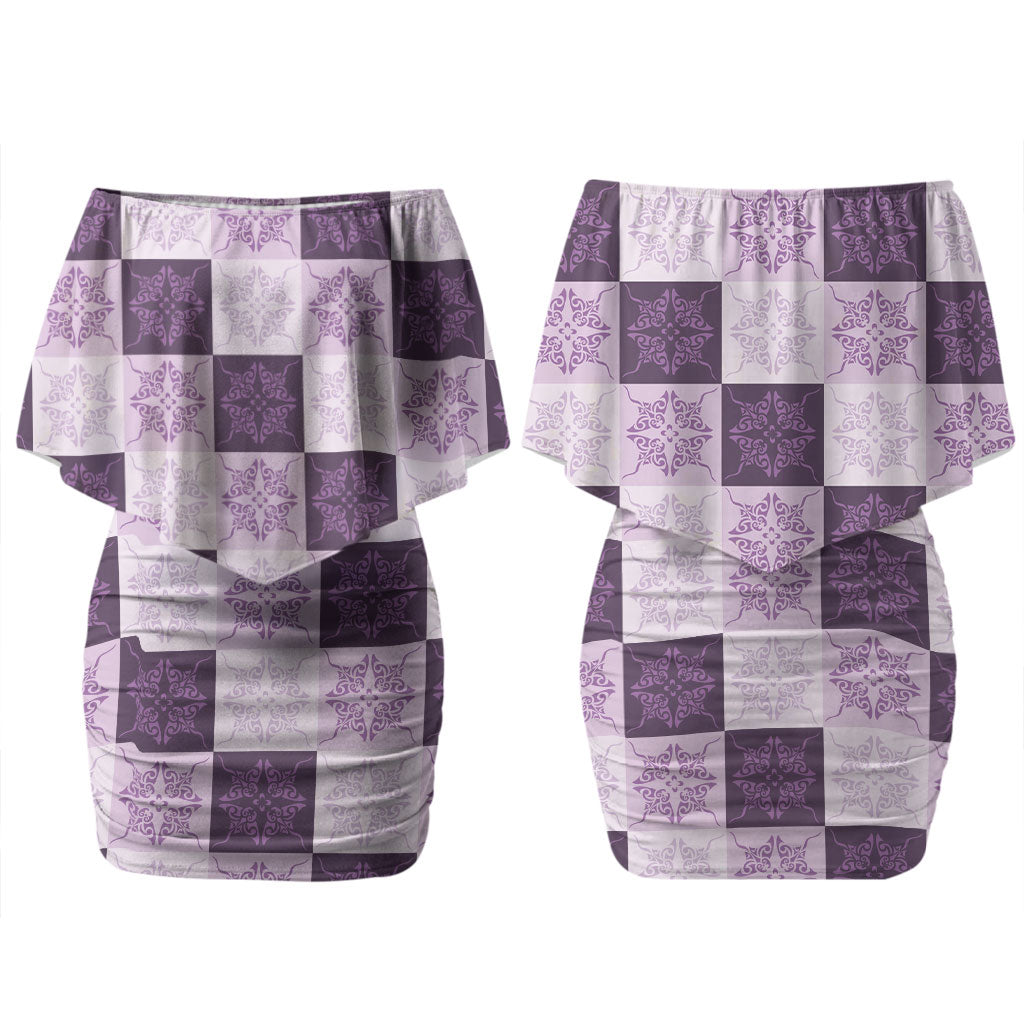 Lavender Manta Ray Hawaiian Quilt Motif Family Matching Off Shoulder Short Dress and Hawaiian Shirt