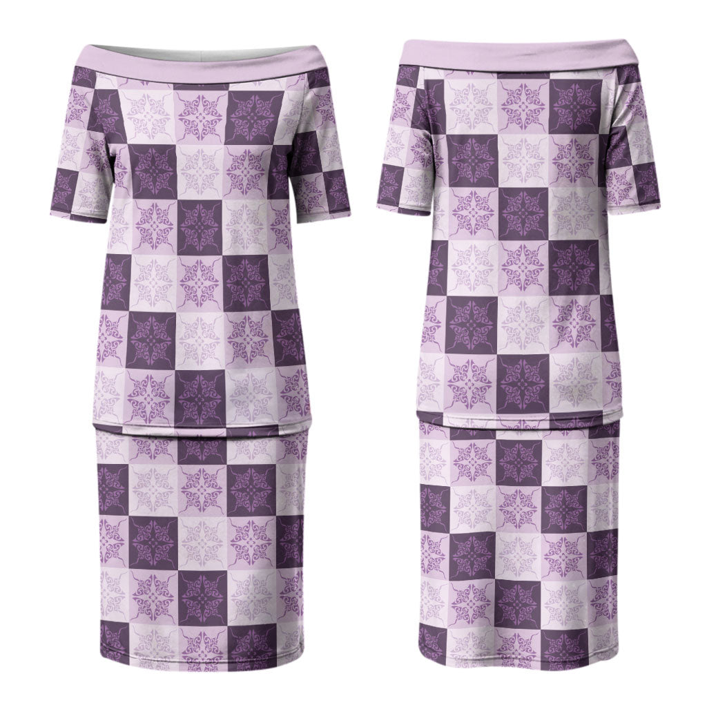 Lavender Manta Ray Hawaiian Quilt Motif Family Matching Puletasi and Hawaiian Shirt