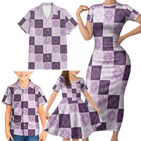Lavender Manta Ray Hawaiian Quilt Motif Family Matching Short Sleeve Bodycon Dress and Hawaiian Shirt