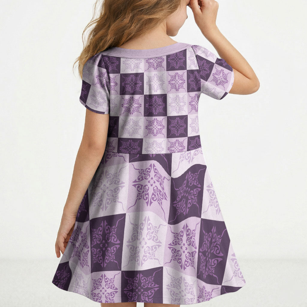 Lavender Manta Ray Hawaiian Quilt Motif Kid Short Sleeve Dress