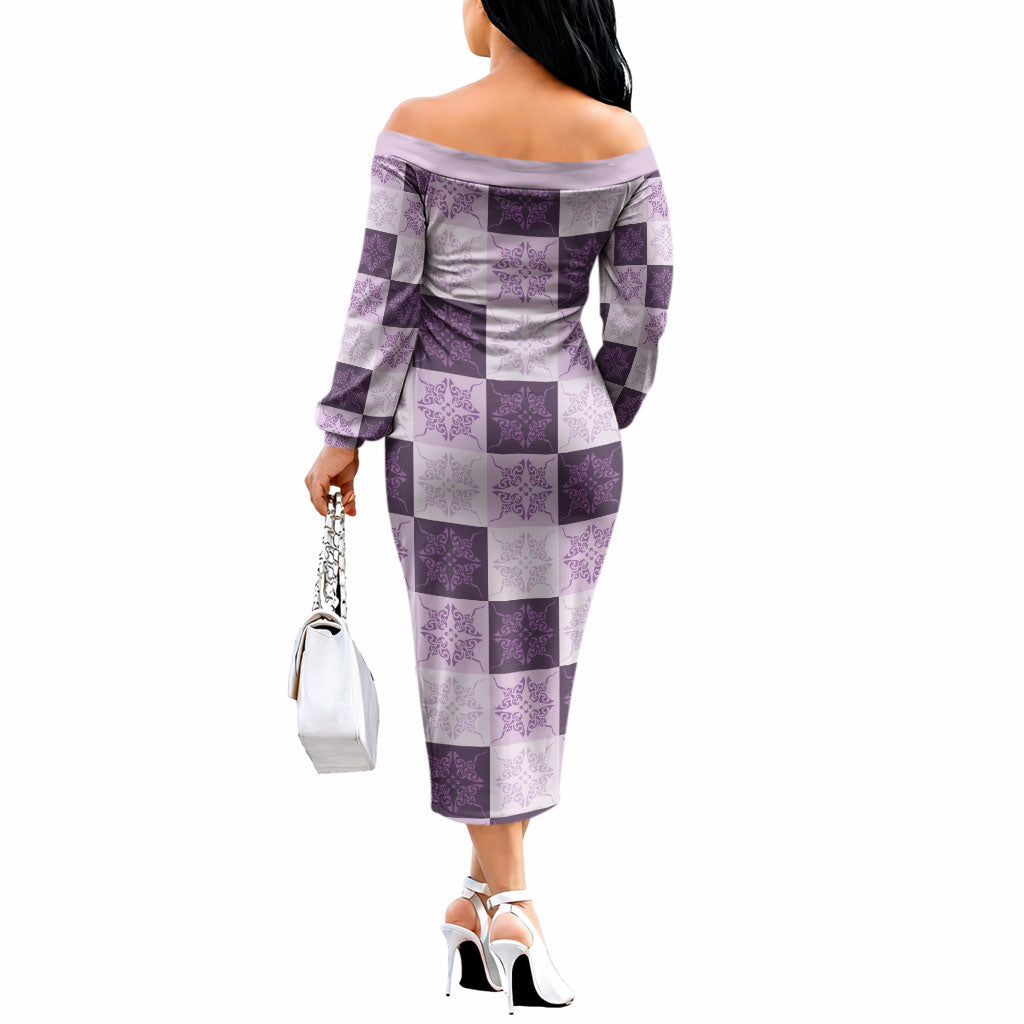 Lavender Manta Ray Hawaiian Quilt Motif Off The Shoulder Long Sleeve Dress