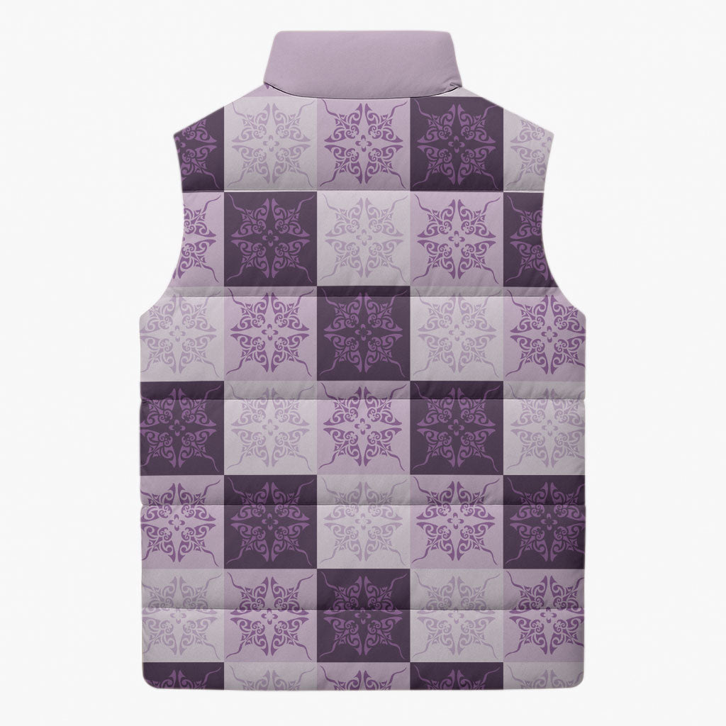 Lavender Manta Ray Hawaiian Quilt Motif Sleeveless Puffer Jacket