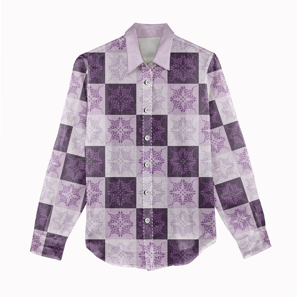 Lavender Manta Ray Hawaiian Quilt Motif Women Casual Shirt