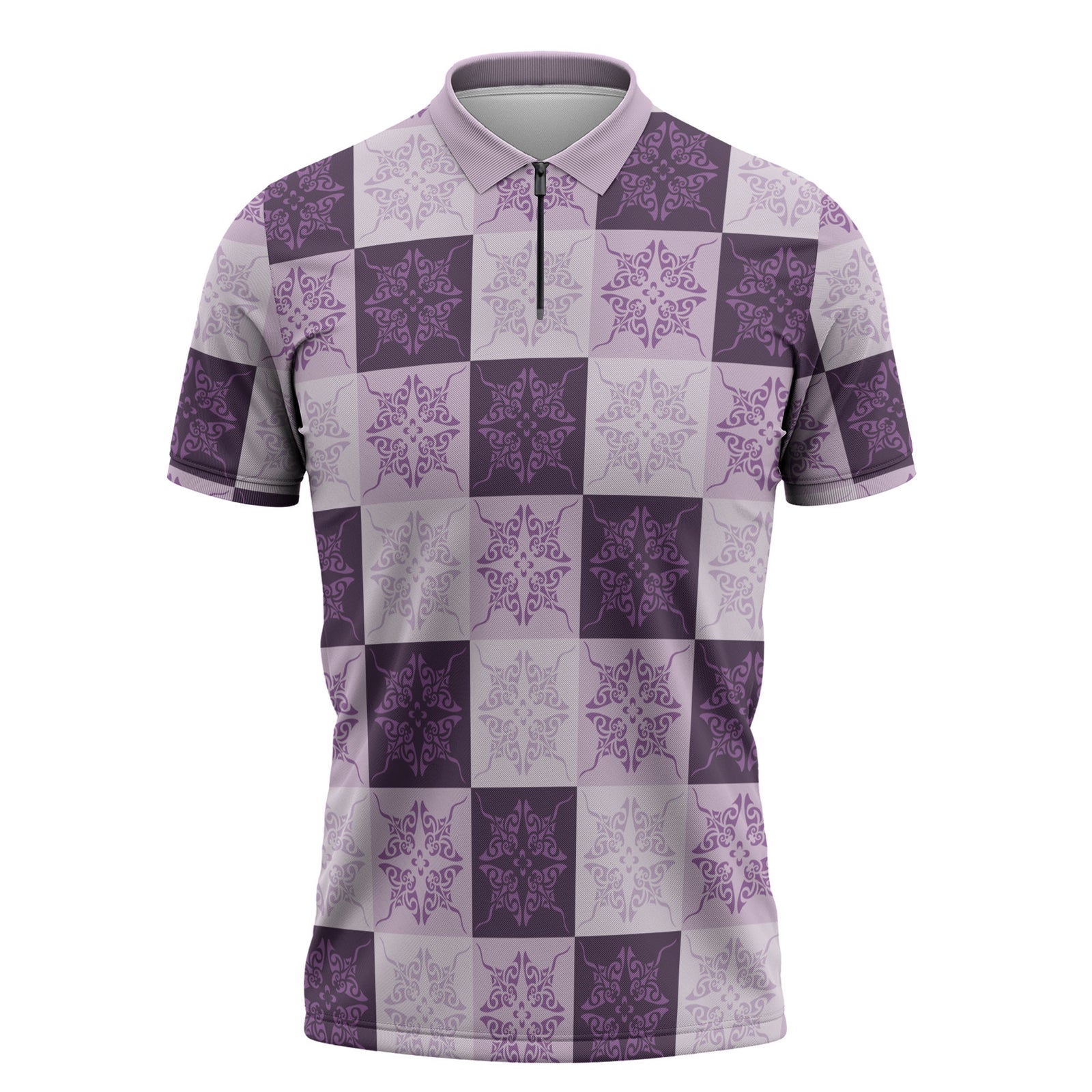 Lavender Manta Ray Hawaiian Quilt Motif Zipper Polo Shirt