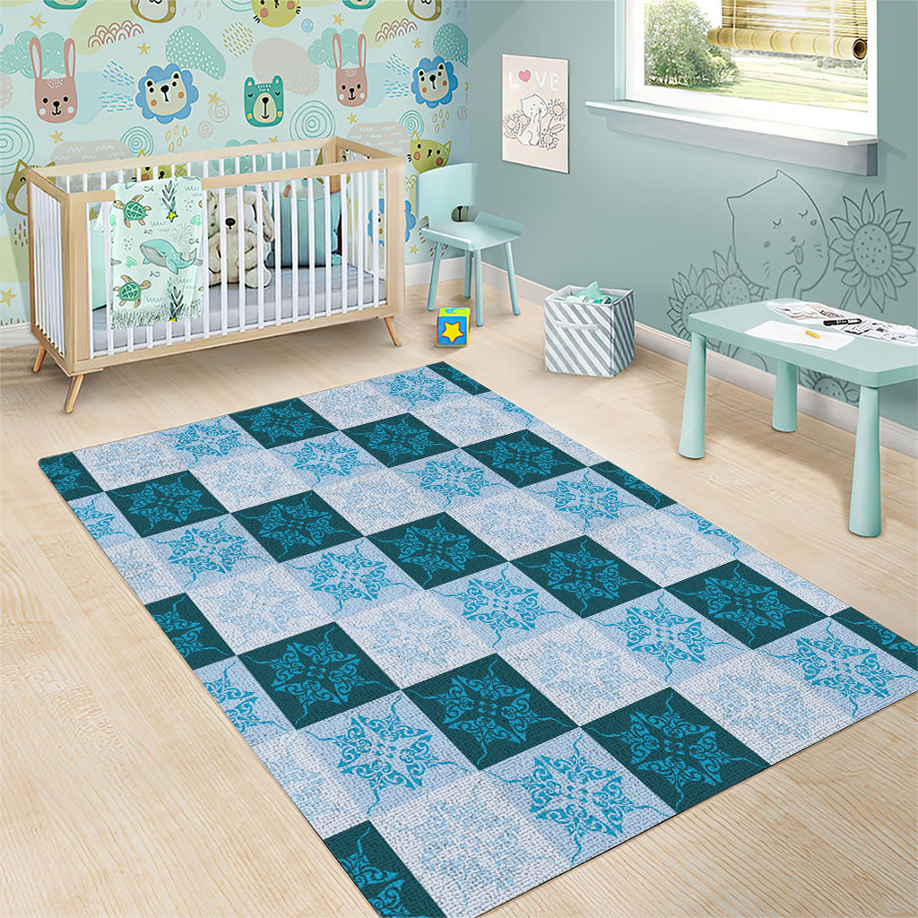 Cyan Manta Ray Hawaiian Quilt Motif Area Rug