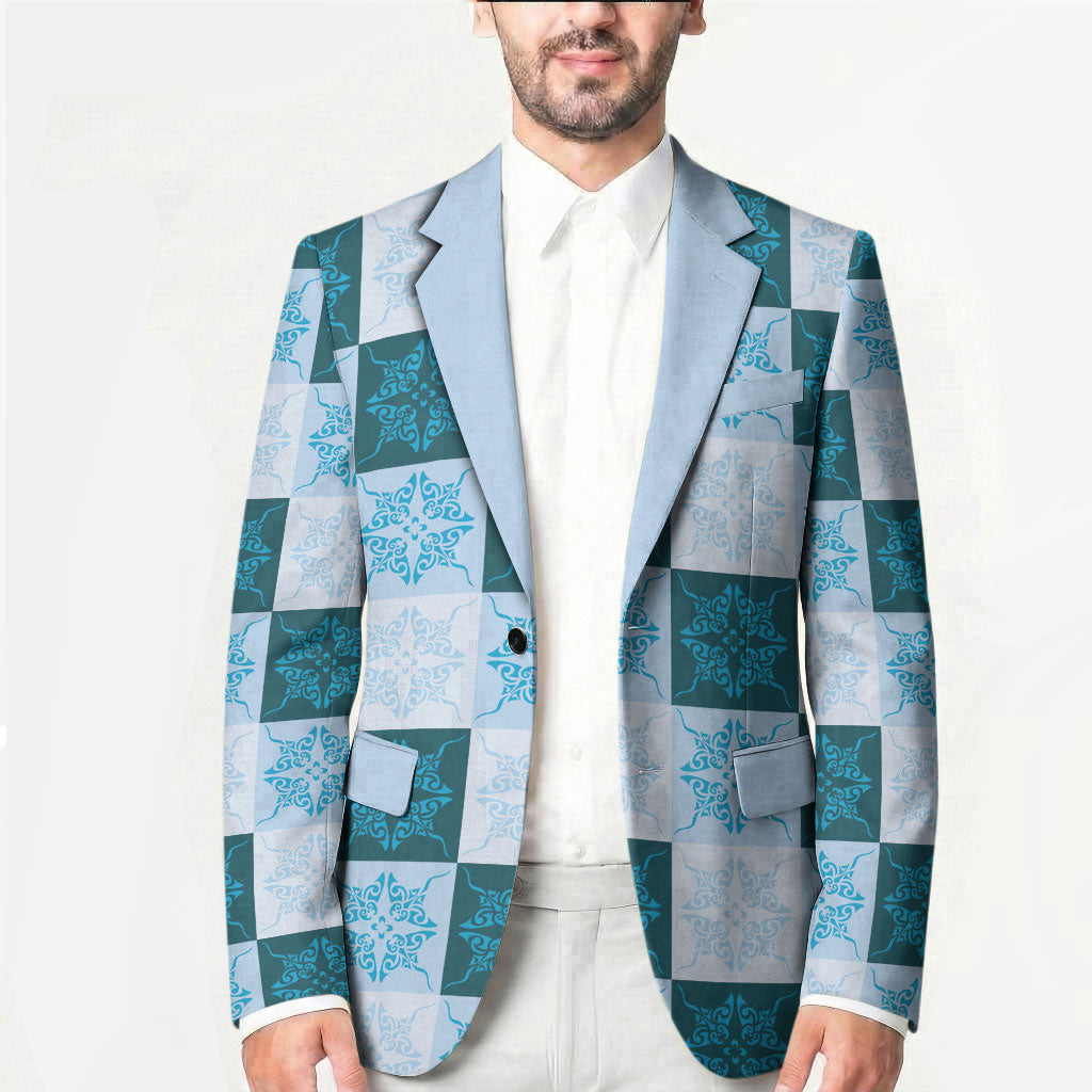 Cyan Manta Ray Hawaiian Quilt Motif Blazer