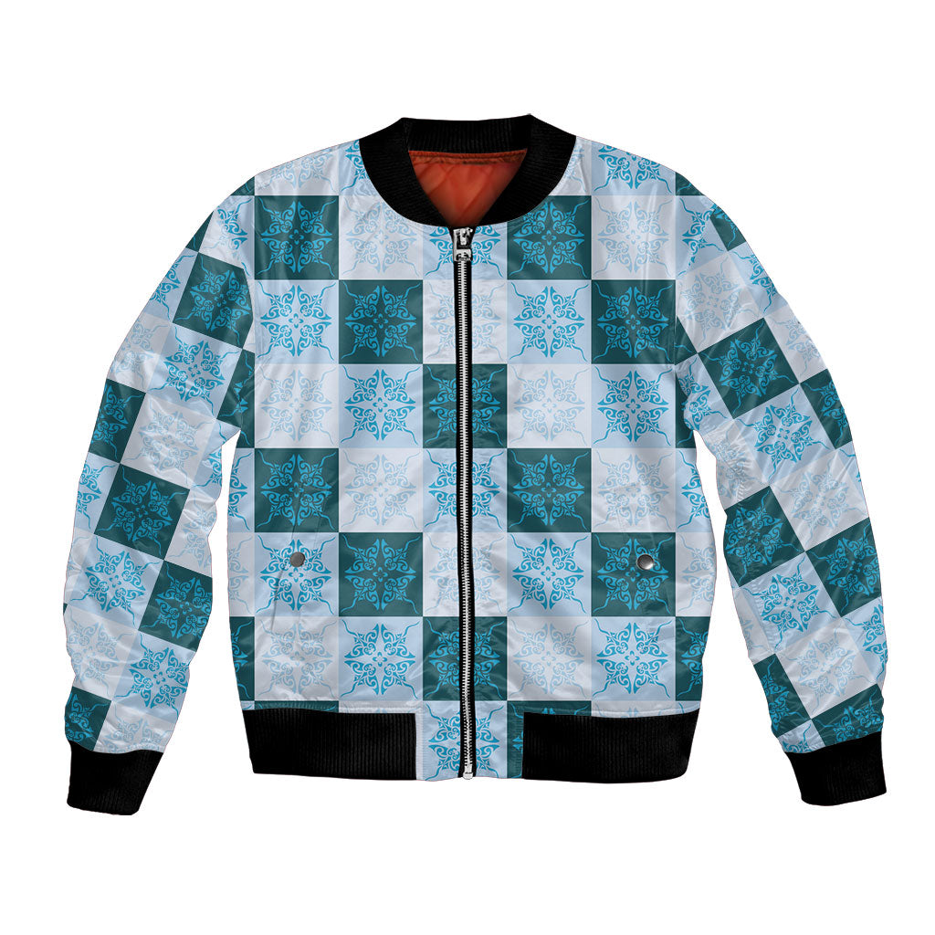 Cyan Manta Ray Hawaiian Quilt Motif Bomber Jacket LT05 Unisex Blue - Polynesian Pride