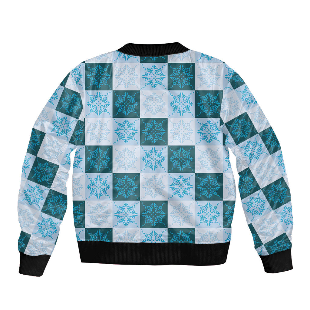 Cyan Manta Ray Hawaiian Quilt Motif Bomber Jacket