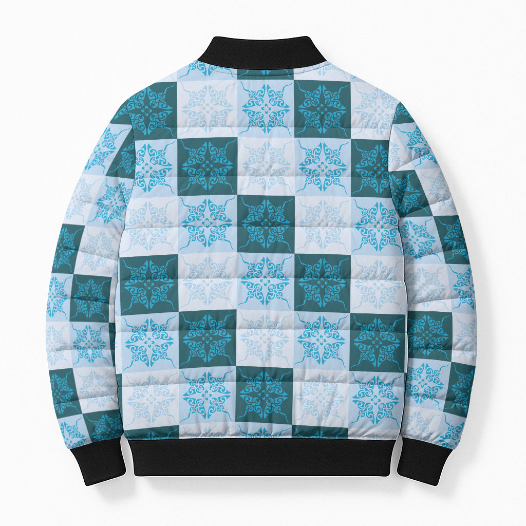 Cyan Manta Ray Hawaiian Quilt Motif Bomber Puffer Jacket