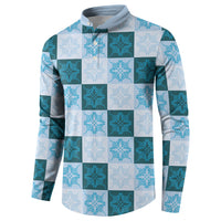 Cyan Manta Ray Hawaiian Quilt Motif Button Sweatshirt