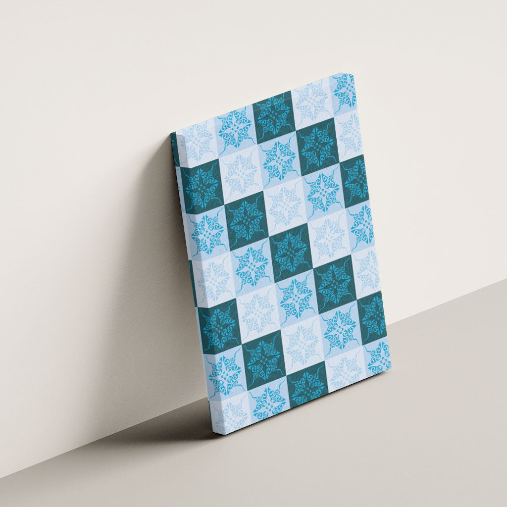 Cyan Manta Ray Hawaiian Quilt Motif Canvas Wall Art