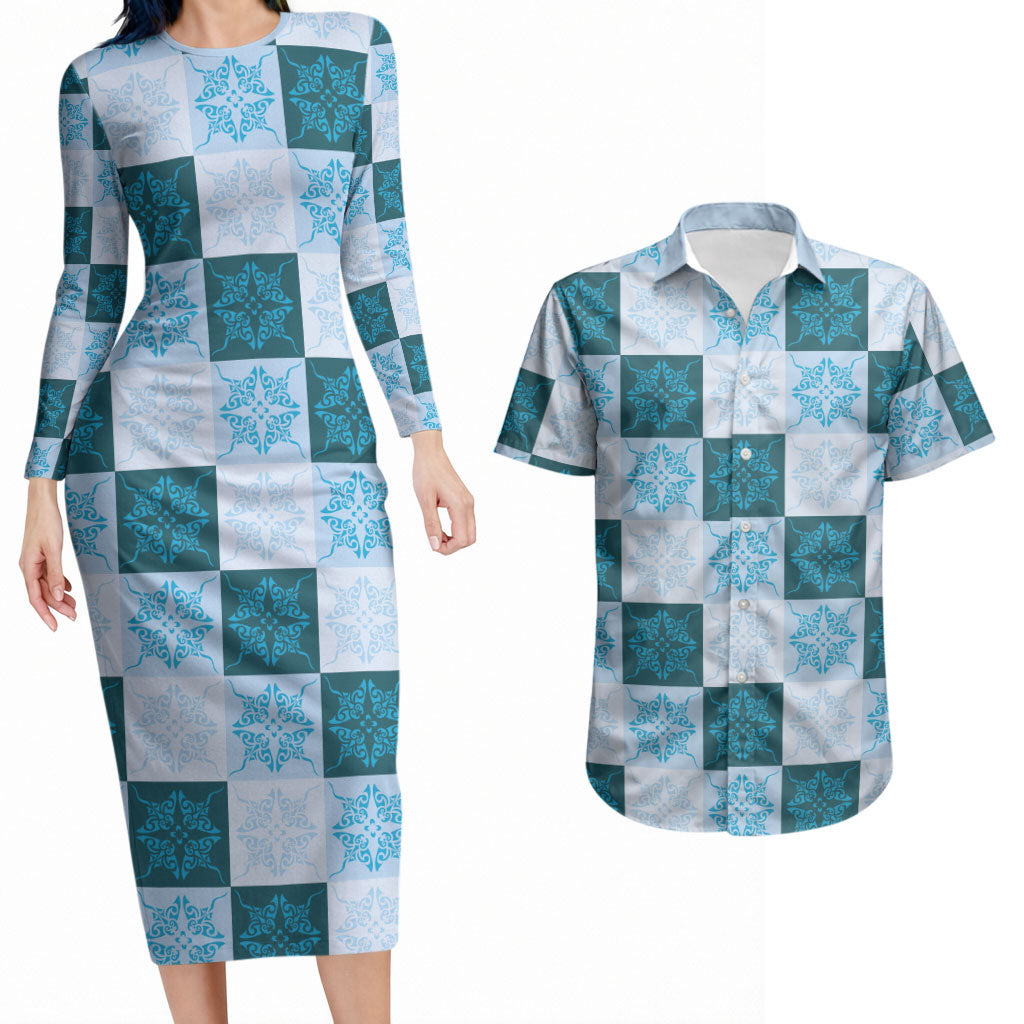 Cyan Manta Ray Hawaiian Quilt Motif Couples Matching Long Sleeve Bodycon Dress and Hawaiian Shirt