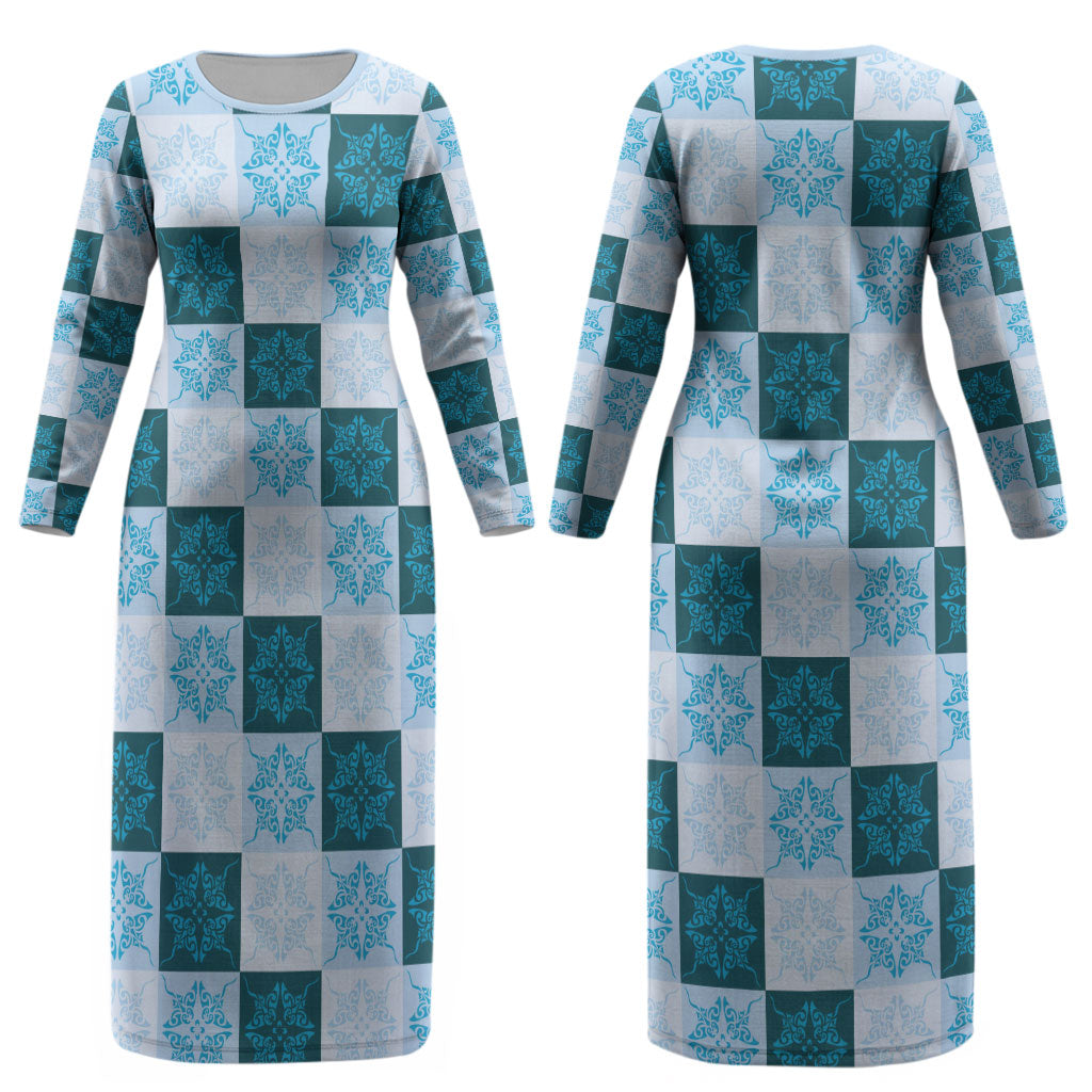 Cyan Manta Ray Hawaiian Quilt Motif Couples Matching Long Sleeve Bodycon Dress and Hawaiian Shirt