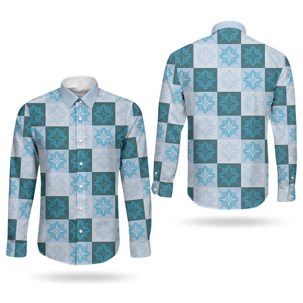 Cyan Manta Ray Hawaiian Quilt Motif Couples Matching Long Sleeve Bodycon Dress and Long Sleeve Button Shirt