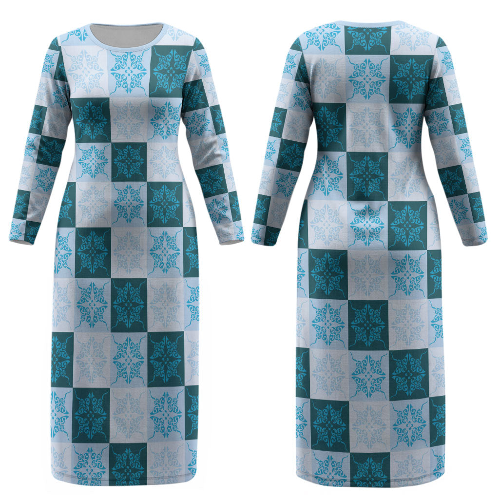 Cyan Manta Ray Hawaiian Quilt Motif Couples Matching Long Sleeve Bodycon Dress and Long Sleeve Button Shirt