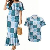 Cyan Manta Ray Hawaiian Quilt Motif Couples Matching Mermaid Dress and Hawaiian Shirt