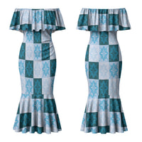 Cyan Manta Ray Hawaiian Quilt Motif Couples Matching Mermaid Dress and Hawaiian Shirt