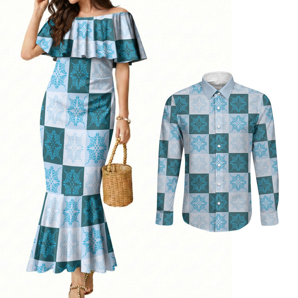 Cyan Manta Ray Hawaiian Quilt Motif Couples Matching Mermaid Dress and Long Sleeve Button Shirt