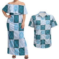 Cyan Manta Ray Hawaiian Quilt Motif Couples Matching Off Shoulder Maxi Dress and Hawaiian Shirt