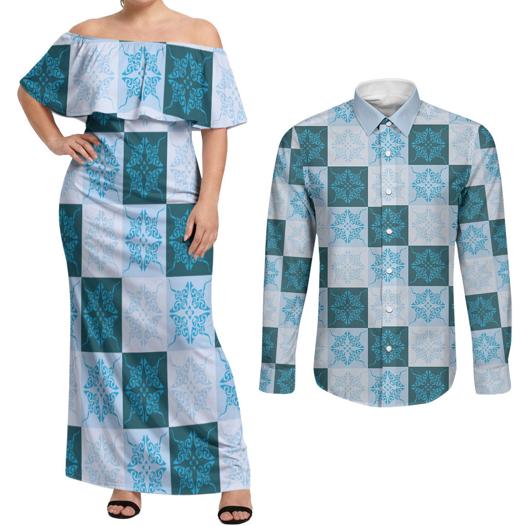 Cyan Manta Ray Hawaiian Quilt Motif Couples Matching Off Shoulder Maxi Dress and Long Sleeve Button Shirt