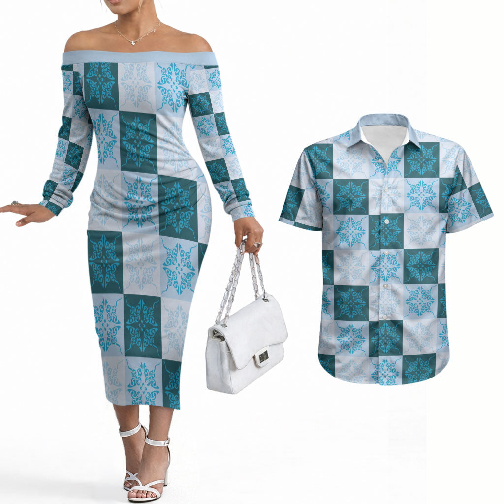 Cyan Manta Ray Hawaiian Quilt Motif Couples Matching Off The Shoulder Long Sleeve Dress and Hawaiian Shirt