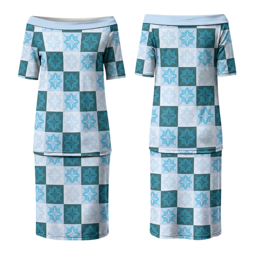 Cyan Manta Ray Hawaiian Quilt Motif Couples Matching Puletasi and Hawaiian Shirt