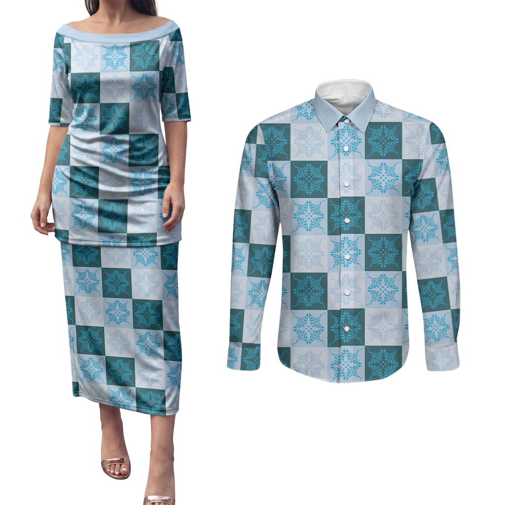 Cyan Manta Ray Hawaiian Quilt Motif Couples Matching Puletasi and Long Sleeve Button Shirt