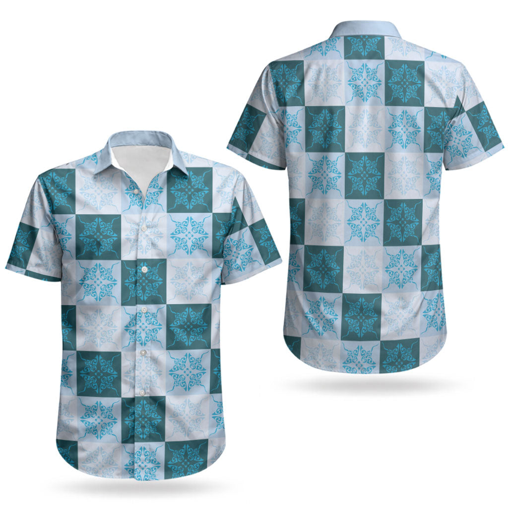 Cyan Manta Ray Hawaiian Quilt Motif Couples Matching Short Sleeve Bodycon Dress and Hawaiian Shirt
