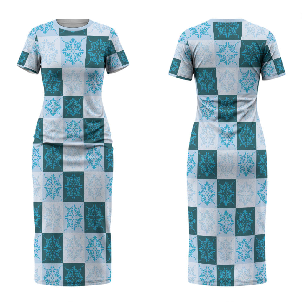 Cyan Manta Ray Hawaiian Quilt Motif Couples Matching Short Sleeve Bodycon Dress and Long Sleeve Button Shirt