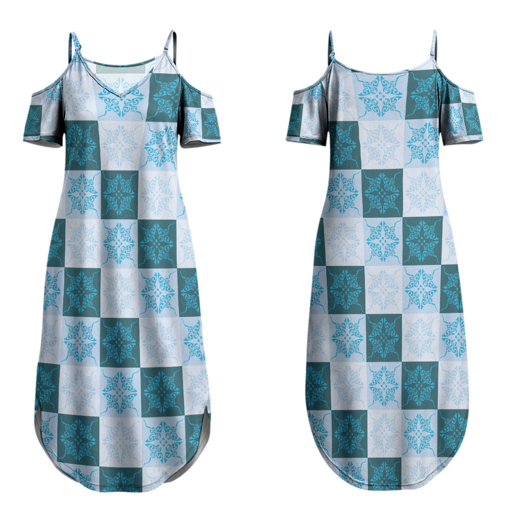 Cyan Manta Ray Hawaiian Quilt Motif Couples Matching Summer Maxi Dress and Long Sleeve Button Shirt
