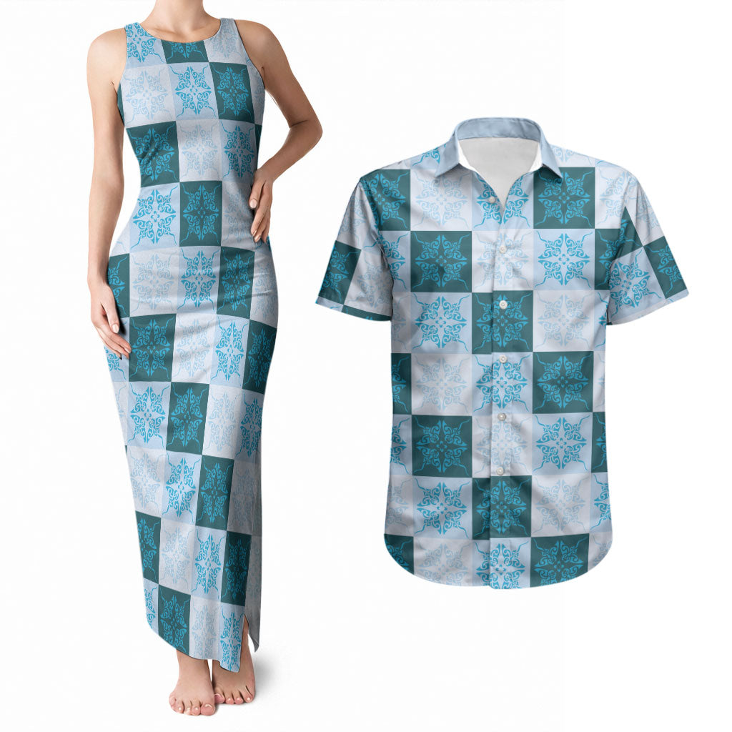 Cyan Manta Ray Hawaiian Quilt Motif Couples Matching Tank Maxi Dress and Hawaiian Shirt
