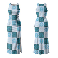 Cyan Manta Ray Hawaiian Quilt Motif Couples Matching Tank Maxi Dress and Long Sleeve Button Shirt