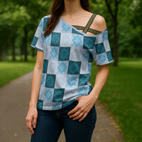 Cyan Manta Ray Hawaiian Quilt Motif Cross Shoulder Shirt