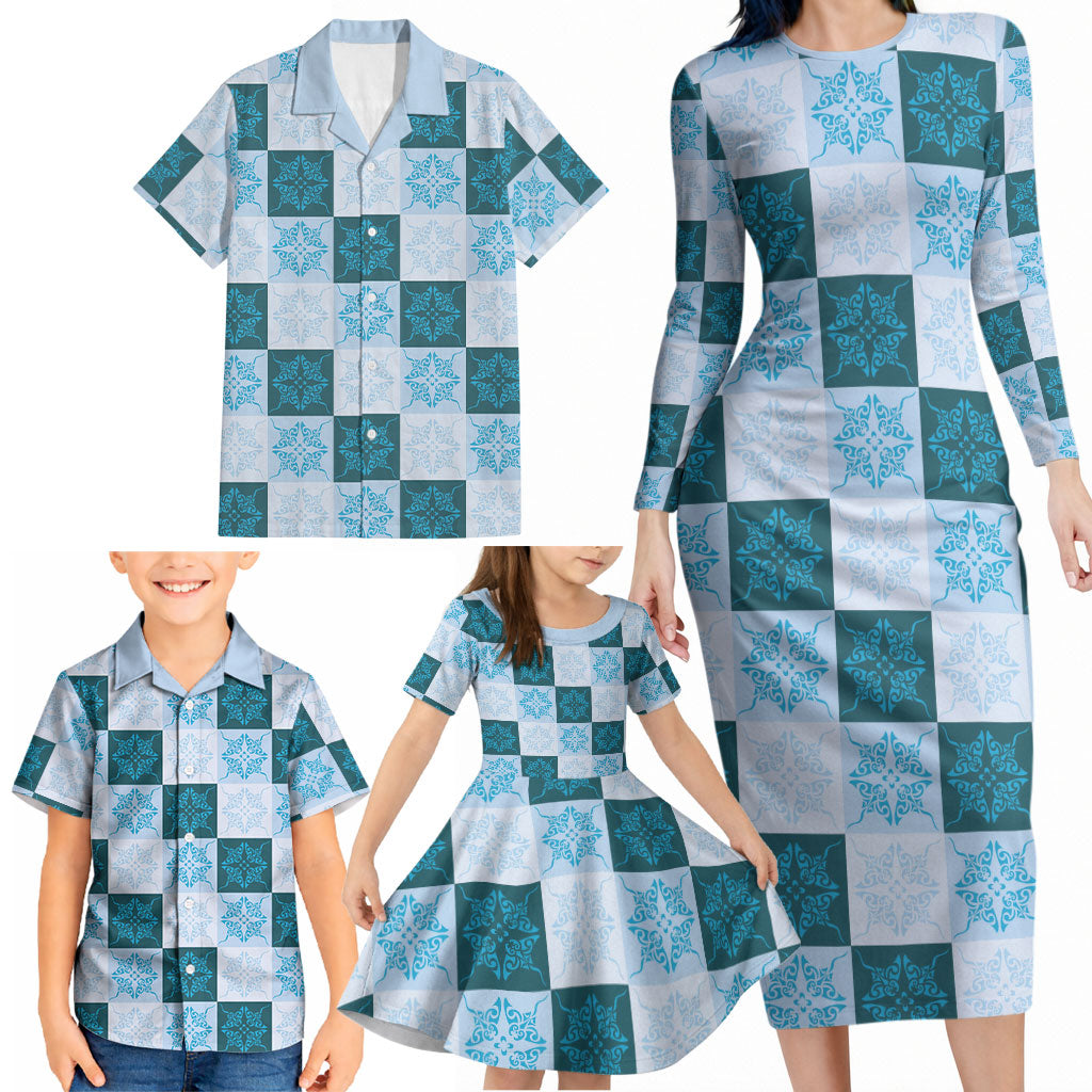 Cyan Manta Ray Hawaiian Quilt Motif Family Matching Long Sleeve Bodycon Dress and Hawaiian Shirt
