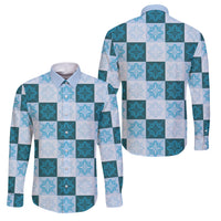 Cyan Manta Ray Hawaiian Quilt Motif Family Matching Long Sleeve Bodycon Dress and Hawaiian Shirt