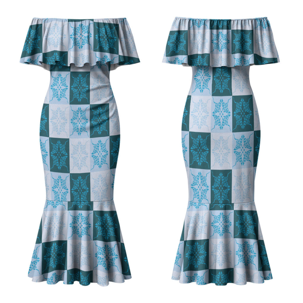 Cyan Manta Ray Hawaiian Quilt Motif Family Matching Mermaid Dress and Hawaiian Shirt