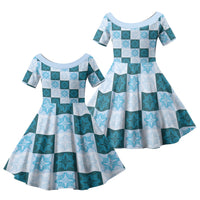 Cyan Manta Ray Hawaiian Quilt Motif Family Matching Off The Shoulder Long Sleeve Dress and Hawaiian Shirt