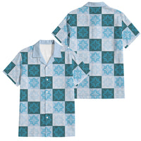 Cyan Manta Ray Hawaiian Quilt Motif Family Matching Off Shoulder Maxi Dress and Hawaiian Shirt