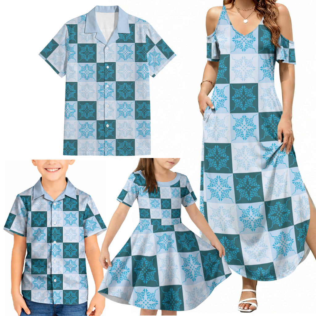 Cyan Manta Ray Hawaiian Quilt Motif Family Matching Summer Maxi Dress and Hawaiian Shirt LT05 - Polynesian Pride