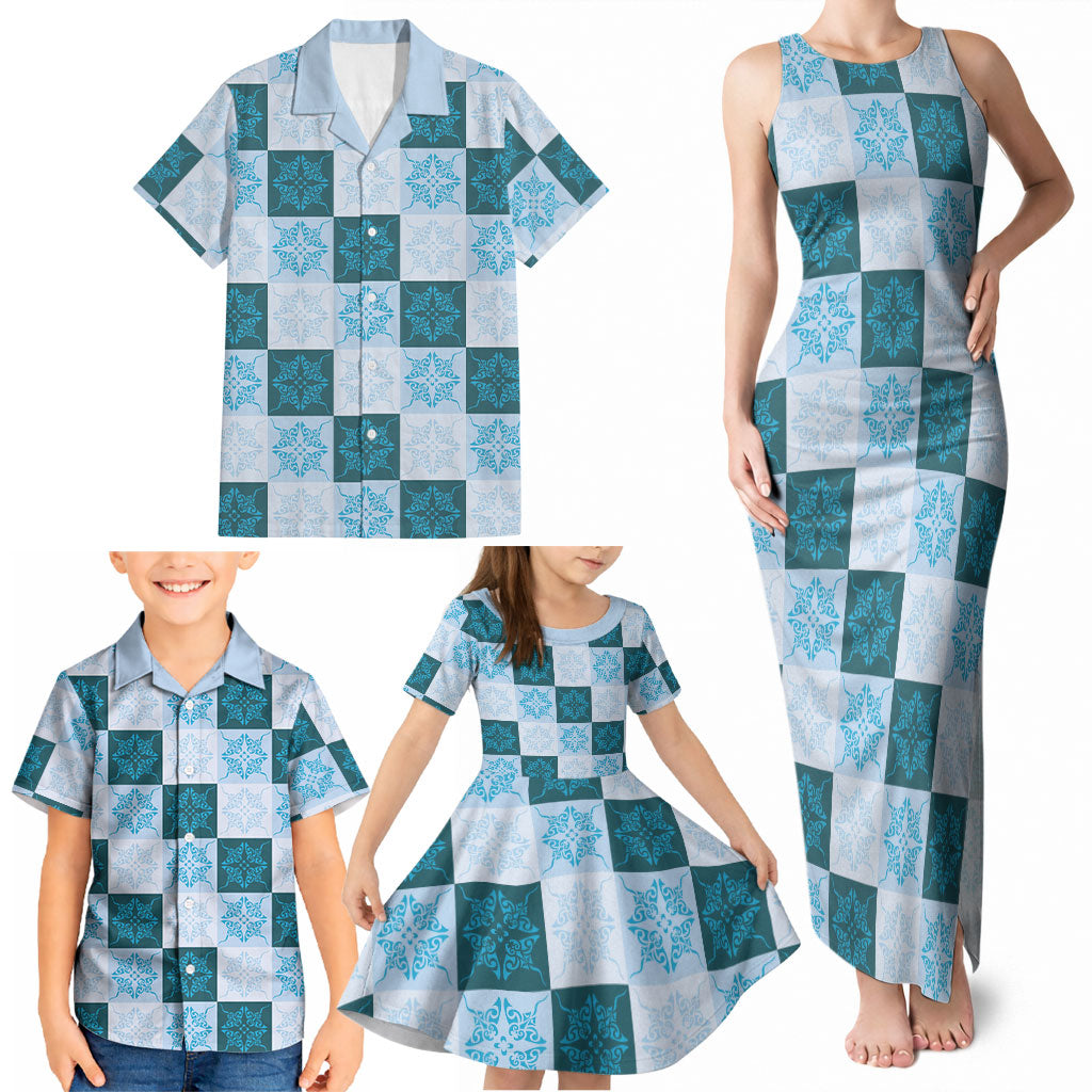 Cyan Manta Ray Hawaiian Quilt Motif Family Matching Tank Maxi Dress and Hawaiian Shirt LT05 - Polynesian Pride