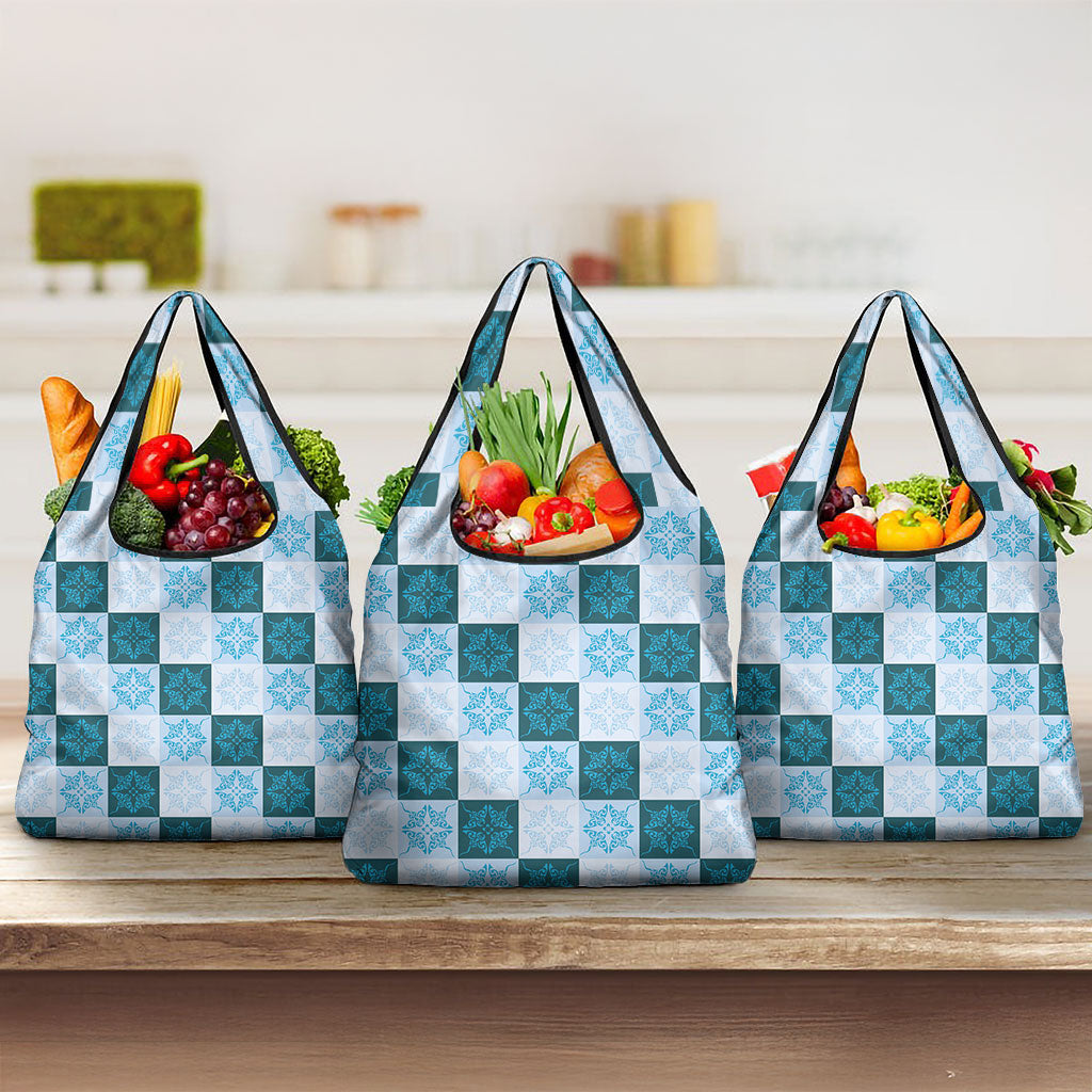 Cyan Manta Ray Hawaiian Quilt Motif Grocery Bag