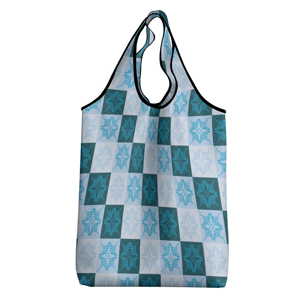 Cyan Manta Ray Hawaiian Quilt Motif Grocery Bag