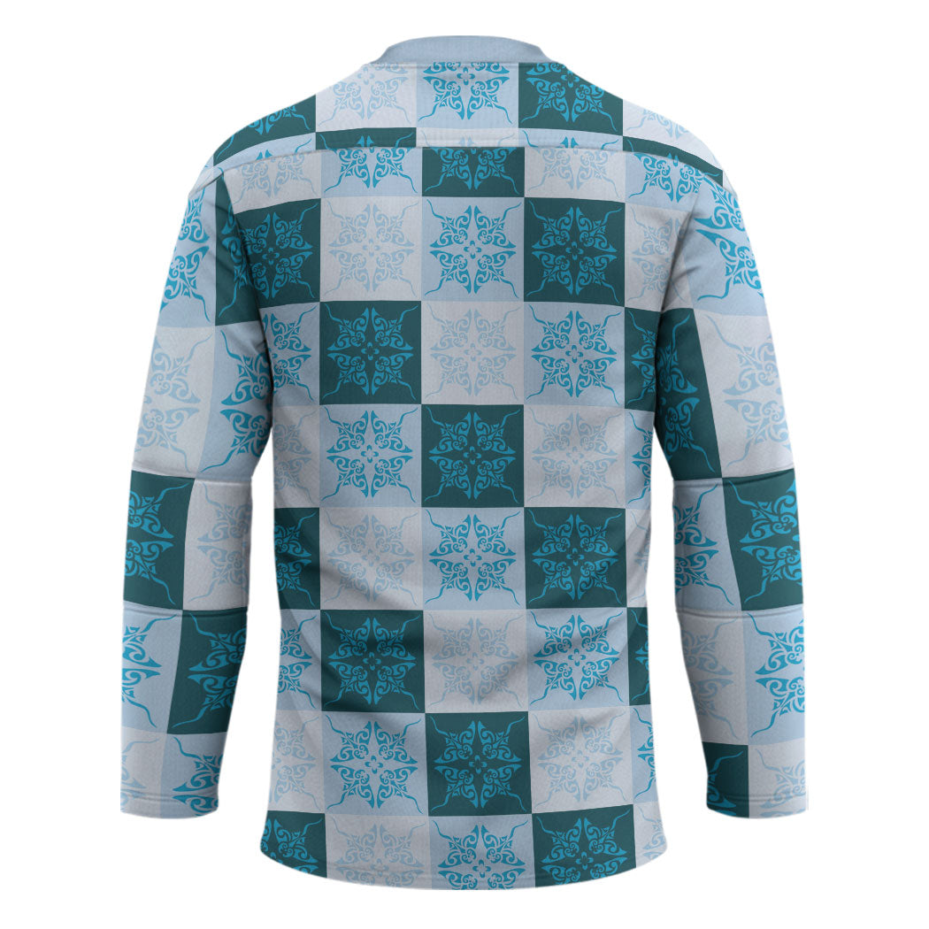 Cyan Manta Ray Hawaiian Quilt Motif Hockey Jersey