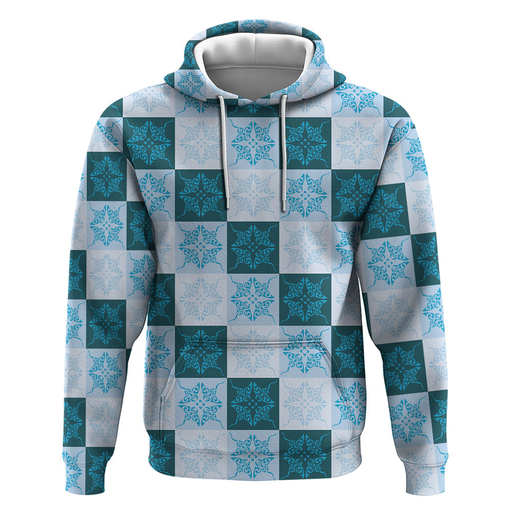 Cyan Manta Ray Hawaiian Quilt Motif Hoodie LT05 Pullover Hoodie Blue - Polynesian Pride