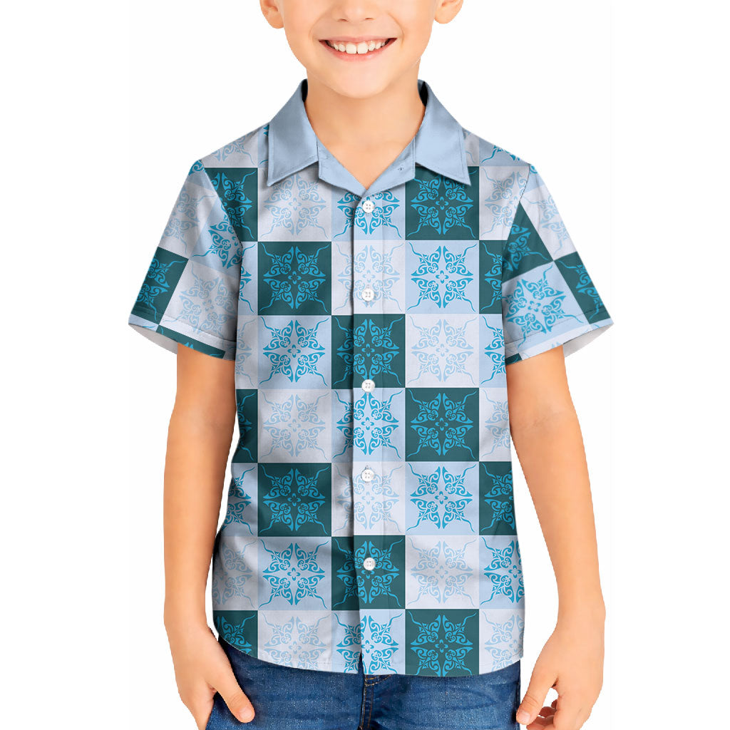 Cyan Manta Ray Hawaiian Quilt Motif Kid Hawaiian Shirt