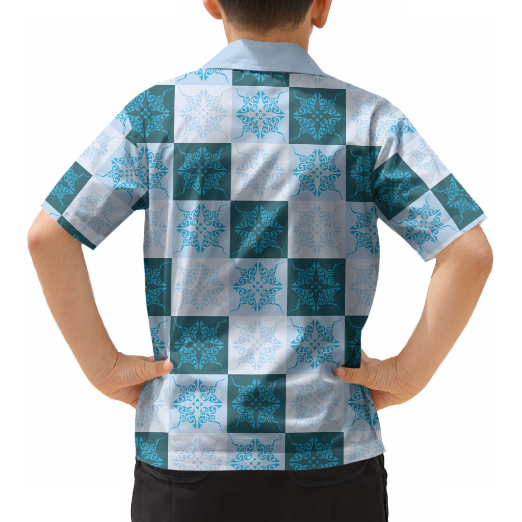 Cyan Manta Ray Hawaiian Quilt Motif Kid Hawaiian Shirt
